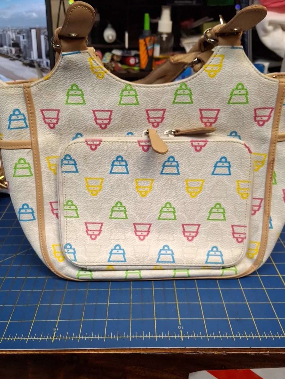 Kathy Van Zeeland Y2K Multicolor Patterned Tote Bag Tan Handles